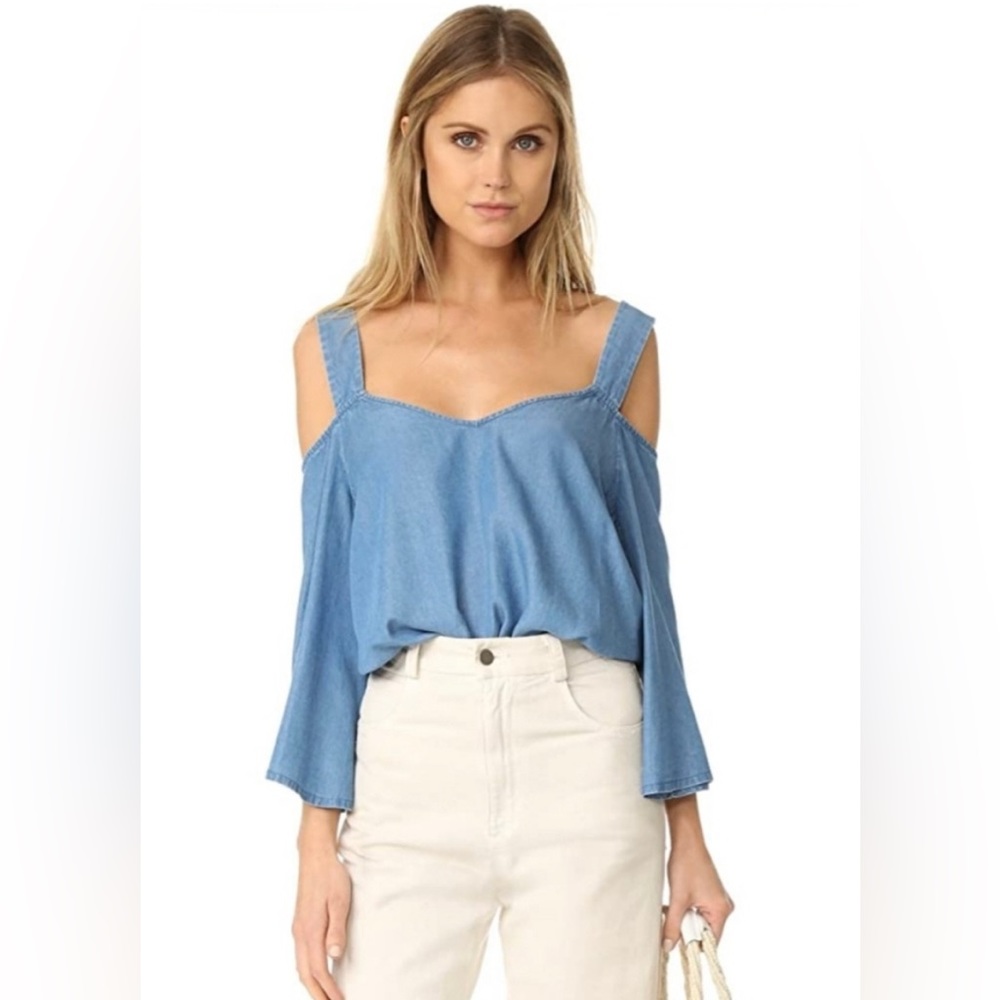 REBECCA MINKOFF CATRIONA DENIM TOP TASSEL TIE BACK BELL SLEEVES SIZE XS NWT